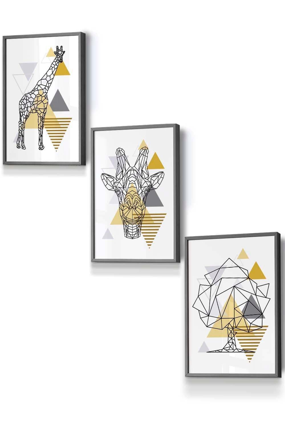 Geometric Line Art Yellow Giraffe Tree Set Framed Wall Art - Small
